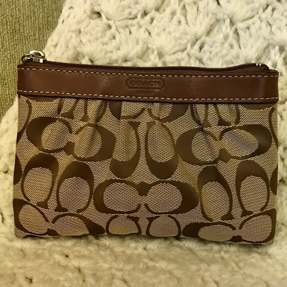 Coach Khaki Monogram Pouch with Leather Trim